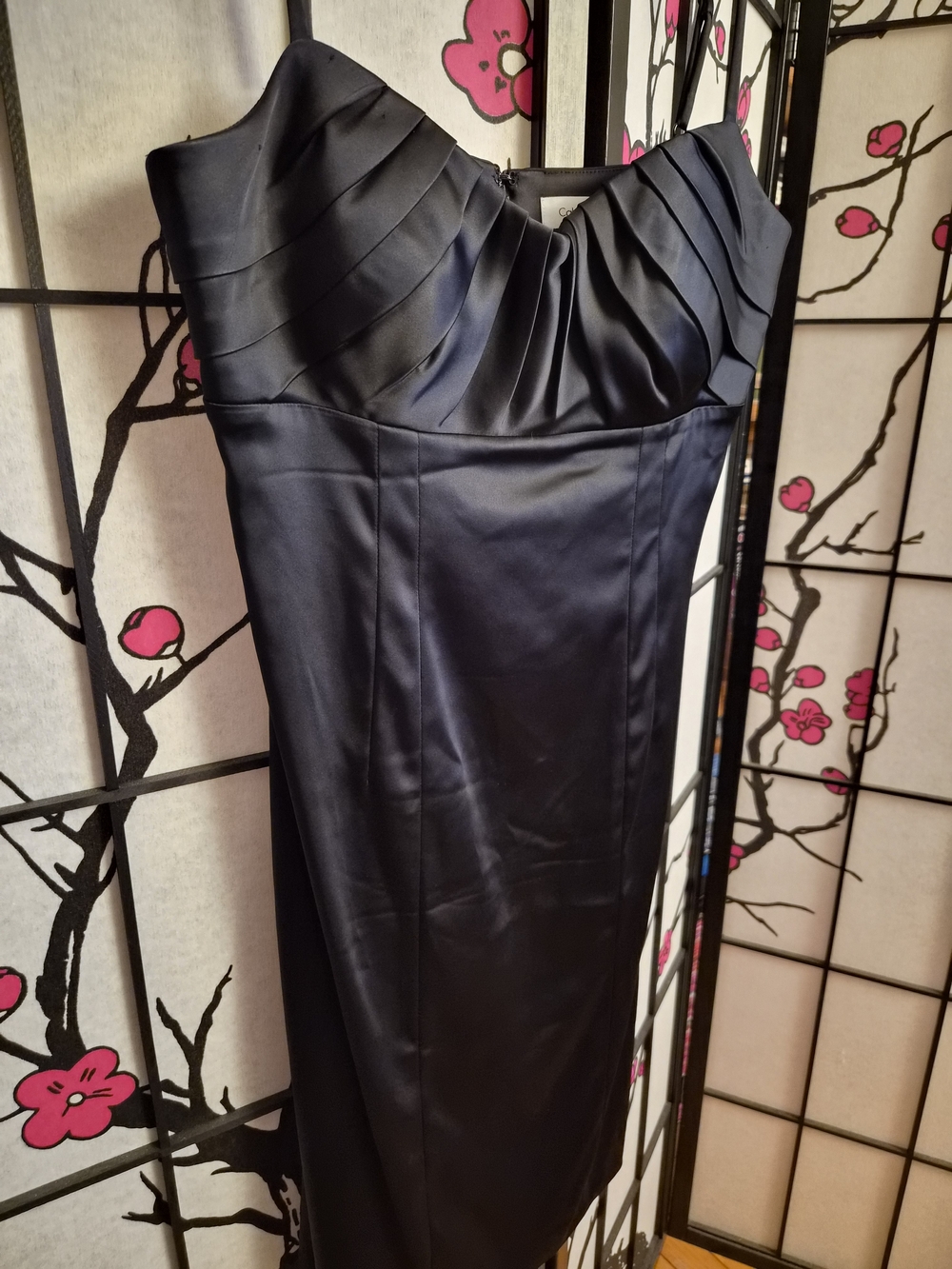 Calvin Klein Black Satin Pleated Bust Spaghetti Strap Sheath Cocktail Dress 4